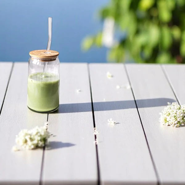 Phoneix Hot and cold matcha cup heat resistant borosilicate glass & straw with bamboo lid